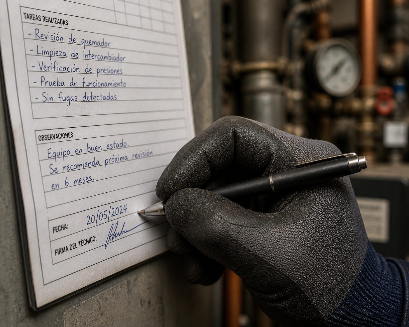 Técnico de mantenimiento firmando el parte de revisión junto a una instalación