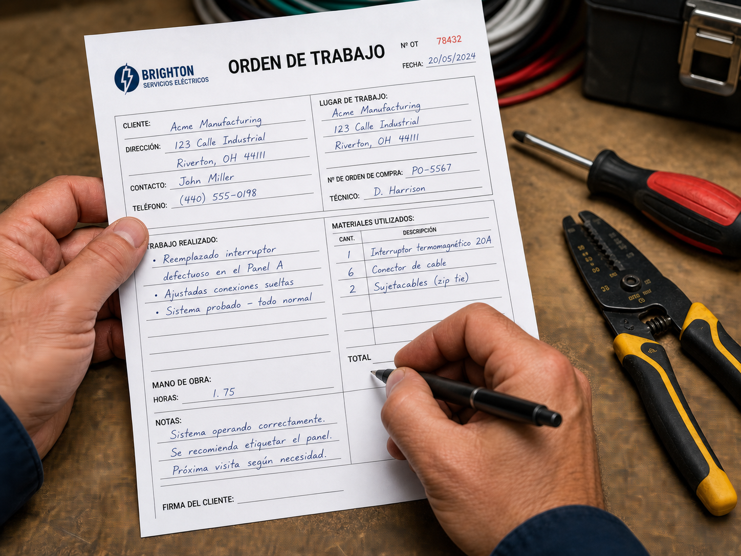 Electricista rellenando el parte de trabajo con bolígrafo antes de empezar la instalación