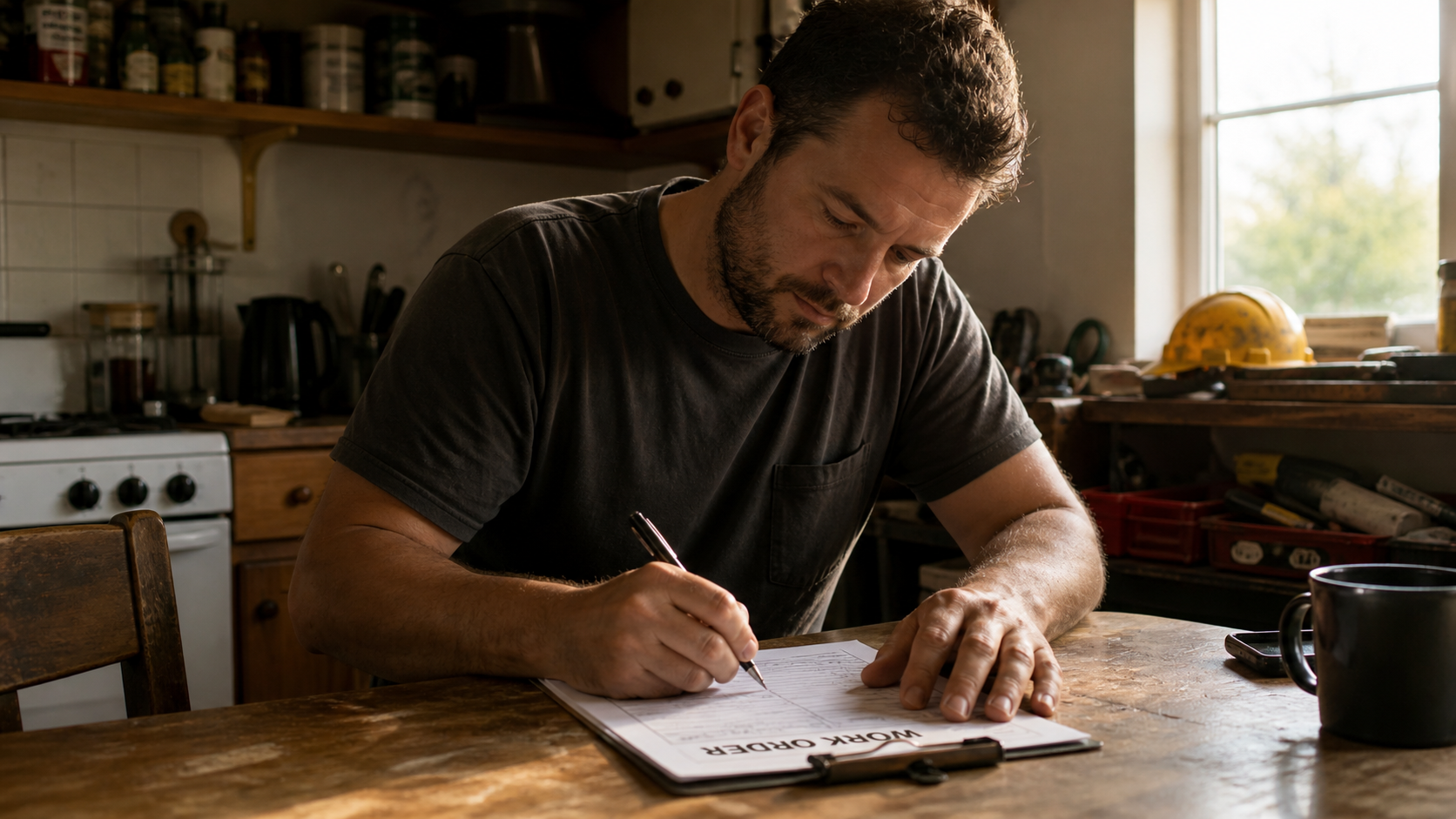 Parte de trabajo relleno a mano sobre un tablero de obra con herramientas alrededor